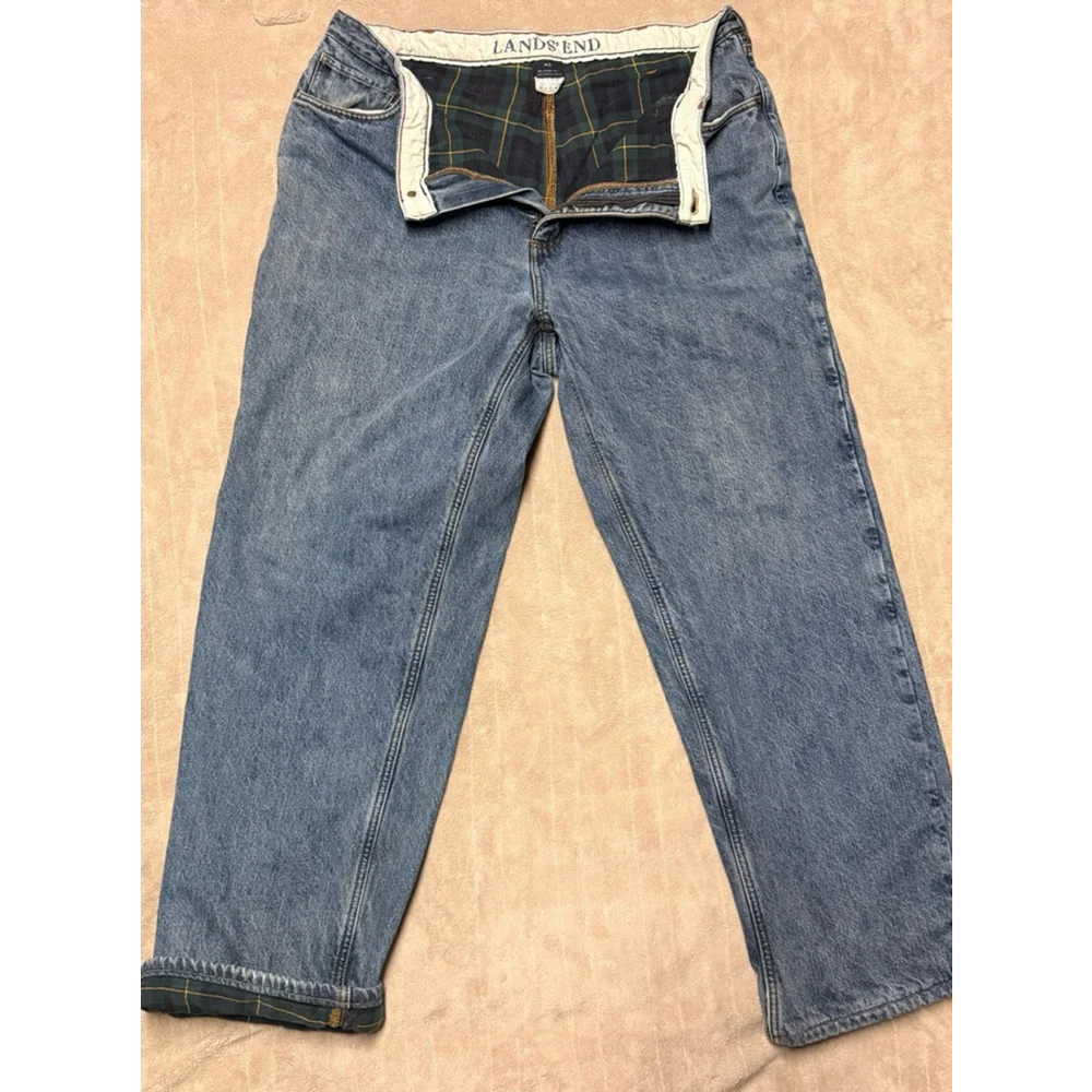 Men's Lands' End Relaxed Jeans Waist 40 Blue Plaid Lined Vintage